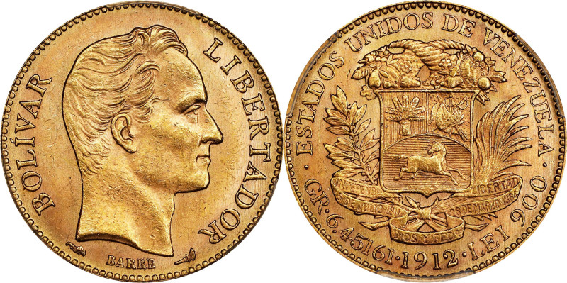 VENEZUELA. 20 Bolivares, 1912. Paris Mint. PCGS MS-63.
Fr-5C; KM-Y-32; Stohr-66...