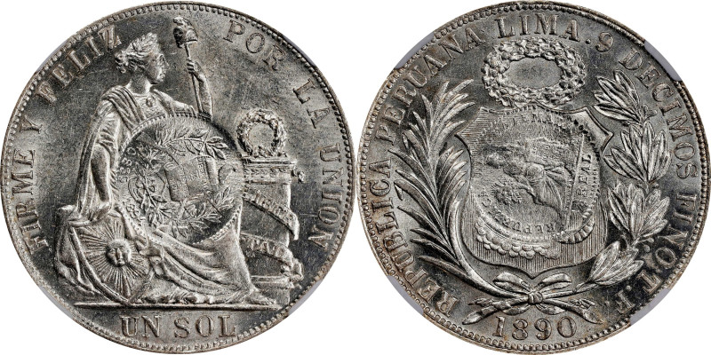 GUATEMALA. Guatemala - Peru. Peso, 1894. NGC MS-62.
KM-224; Jovel-Type VIII. Is...