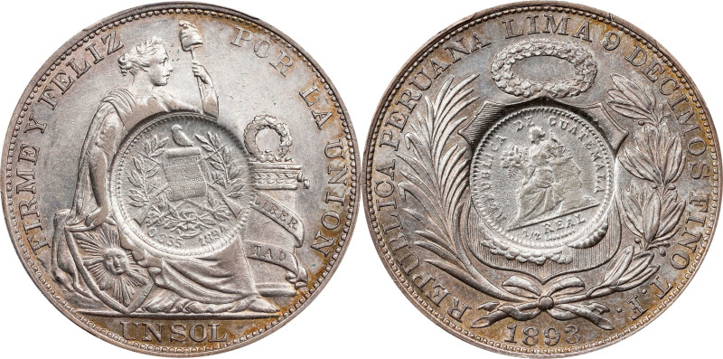 GUATEMALA. Guatemala - Peru. Peso, 1894. Guatemala City Mint. PCGS AU-55; Counte...