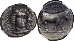 CAMPANIA. Hyria. Ca. 405-385 BC. AR didrachm (21mm, 7.11 gm, 9h). NGC Choice VF 5/5 - 3/5 Head of Hera Lacinia facing slightly right, wearing necklace...