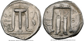 BRUTTIUM. Croton. Ca. 500-480 BC. AR stater (24mm, 7.13 gm, 11h). NGC XF 5/5 - 3/5. ϘPO, tripod with leonine feet on thick dotted exergual line; heron...