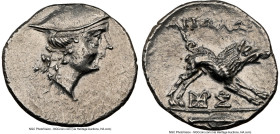 AETOLIAN LEAGUE. Ca. 250-145 BC. AR triobol (17mm, 2.38 gm, 11h). NGC Choice AU 4/5 - 3/5, die shift, brushed. Head of Atalanta to right, wearing peta...