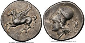 CORINTHIA. Corinth. 4th century BC. AR stater (22mm, 8.46 gm, 4h). NGC Choice VF 5/5 - 3/5, marks. Pegasus flying left; Ϙ below / Head of Athena left,...