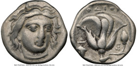 CARIAN ISLANDS. Rhodes. Ca. 340-316 BC. AR drachm (16mm, 12h). NGC VF. Head of Helios facing slightly right, hair parted in center and swept to either...