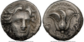 CARIAN ISLANDS. Rhodes. Ca. 305-275 BC. AR didrachm (18mm, 11h). NGC VF. Head of Helios facing, turned slightly right, hair parted in center and swept...