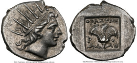 CARIAN ISLANDS. Rhodes. Ca. 88-84 BC. AR drachm (16mm, 11h). NGC XF. Plinthophoric standard, Thrasymedes, magistrate. Radiate head of Helios right / Θ...