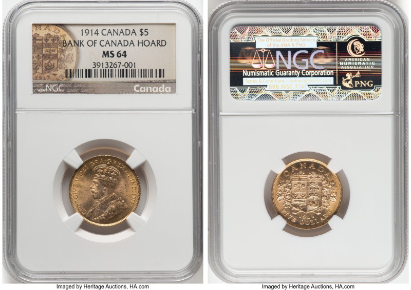 George V gold 5 Dollars 1914 MS64 NGC, Ottawa mint, KM26, Fr-4. Bank of Canada H...