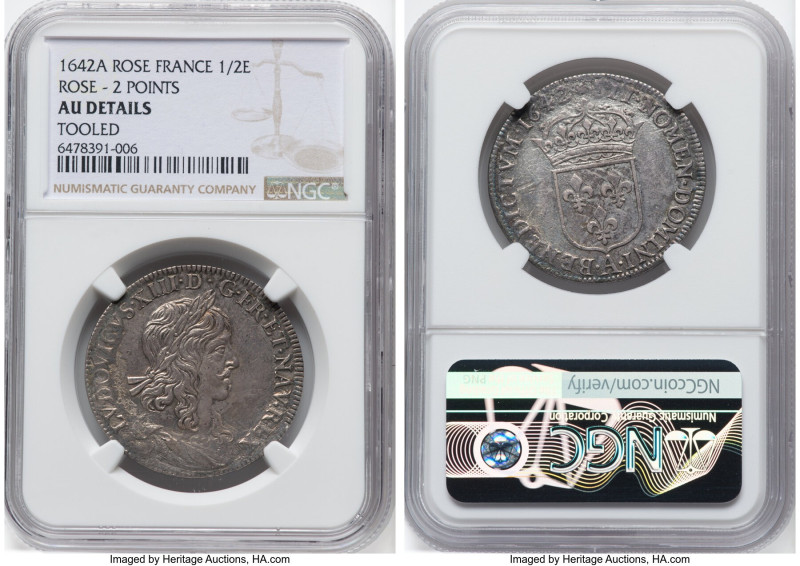 Louis XIII 1/2 Ecu 1642-A AU Details (Tooled) NGC, Paris mint, KM121, Dup1346. R...