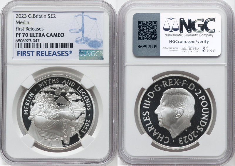 Charles III silver Proof "Merlin" 2 Pounds (1 oz) 2023 PR70 Ultra Cameo NGC, Myt...