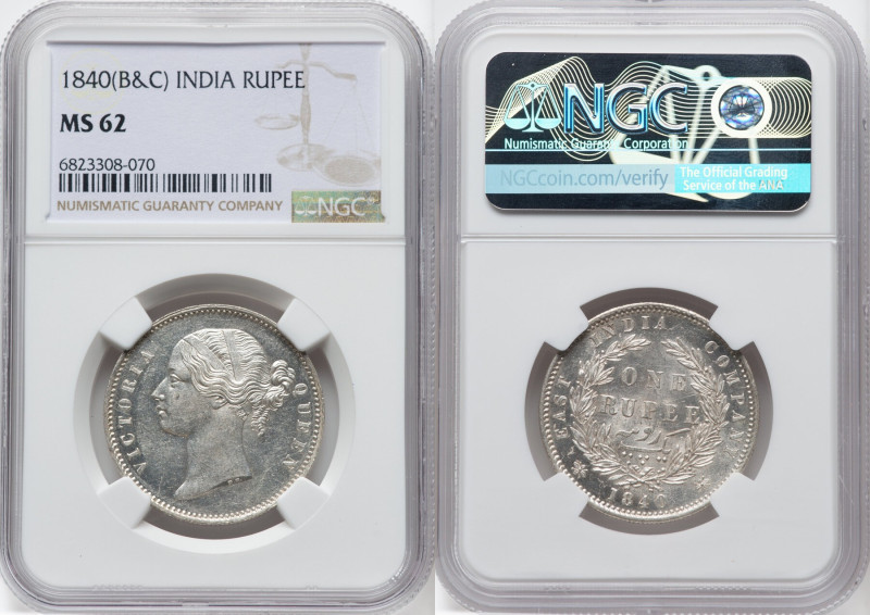 British India. Victoria Rupee 1840-(b & c) MS62 NGC, Calcutta mint, KM458. HID09...