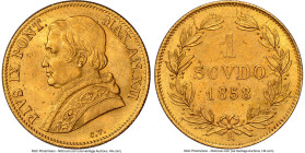 Papal States. Pius IX gold Scudo Anno XII (1858)-R MS63 NGC, Rome mint, KM1361. Aesthetically pleasing and solidly Choice with an antiqued golden pati...