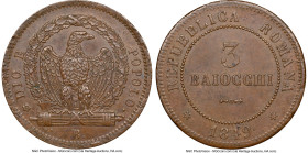 Roman Republic. Republic 3 Baiocchi 1849-B MS62 Brown NGC, Bologna mint, KM23.2. Flat Top "3". HID09801242017 © 2023 Heritage Auctions | All Rights Re...