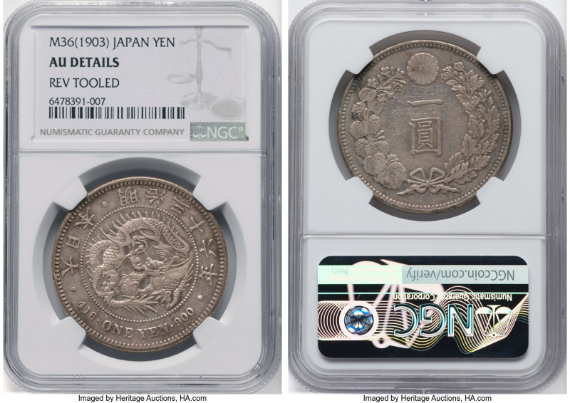 Meiji Yen Year 36 (1903) AU Details (Reverse Tooled) NGC, Osaka mint, KM-YA25.3,...