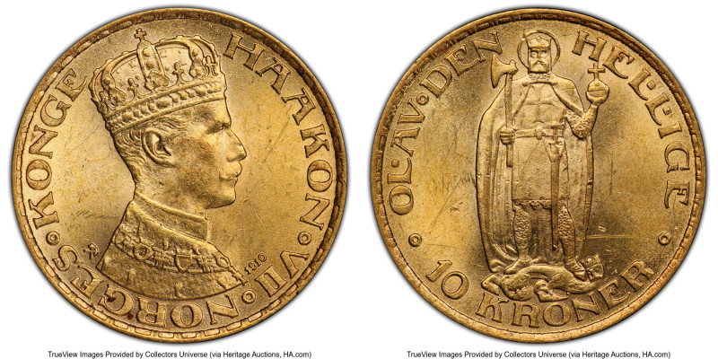 Haakon VII gold 10 Kroner 1910 UNC Details (Scratch) PCGS, Kongsberg mint, KM375...