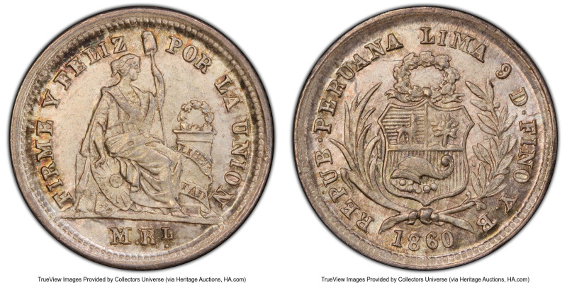 Pair of Certified Assorted Issues PCGS, 1) Republic 1/2 Real 1860-YB - MS65, Lim...