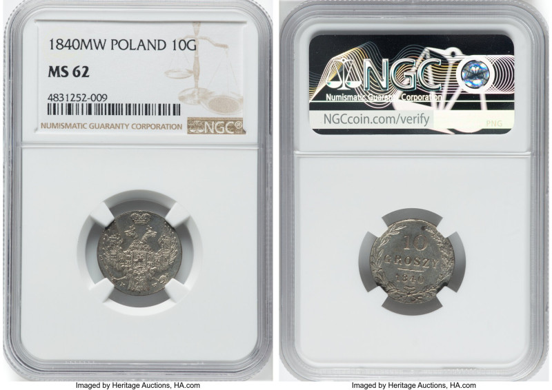 Nicholas I of Russia 10 Groszy 1840-MW MS62 NGC, Warsaw mint, KM-C113a, Gum-2509...