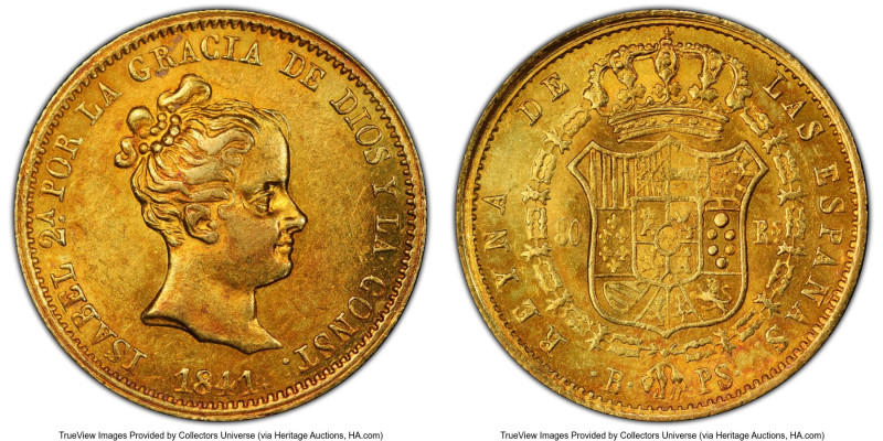 Isabel II gold "De Vellon" 80 Reales 1841 B-PS MS61 PCGS, Barcelona mint, KM-A57...