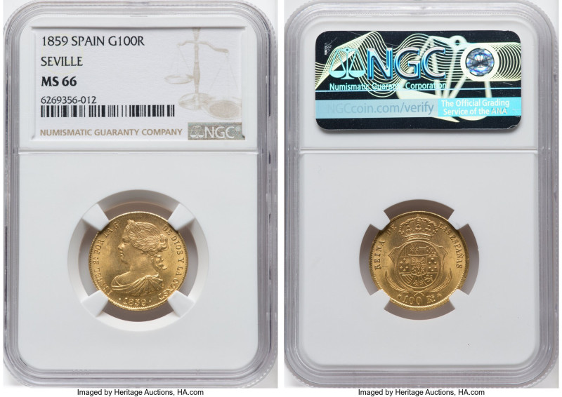 Isabel II gold 100 Reales 1859 MS66 NGC, Seville mint, KM605.3. Tied for second ...