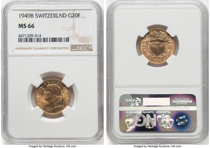 Confederation gold 20 Francs 1949-B MS66 NGC, Bern mint, KM35.2, Fr-499. HID0980...