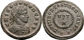 ROMAN EMPIRE. Crispus (Caesar). 
Billon nummus, AD 320-321. Ticinum. 
Obv: CRISPVS NOB CAES, laureate and cuirassed bust right. Rev: DOMINORVM NOSTR...