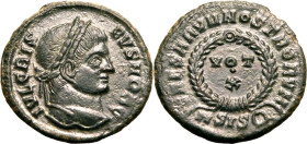 ROMAN EMPIRE. Crispus (Caesar). 
Billon nummus, AD 321-324. Siscia. 
Obv: IVL CRISPVS NOB C, laureate head right. Rev: CAESARVM NOSTRORVM, VOT X in ...