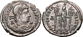 ROMAN EMPIRE. Constantius II. 
Billon centenionalis, AD 350. Siscia. 
Obv: D N CONSTANTIVS P F AVG, pearl-diademed, draped and cuirassed bust right;...