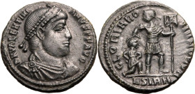 ROMAN EMPIRE. Valentinian I. 
Billon ae19, AD 364. Sirmium. 
Obv: D N VALENTINIANVS P F AVG, diademed, draped and cuirassed bust right. Rev: GLORIA ...