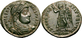 ROMAN EMPIRE. Valentinian I. 
Billon nummus, AD 364. Sirmium. 
Obv: D N VALENTINIANVS P F AVG, pearl-diademed, draped and cuirassed bust right. Rev:...