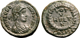 ROMAN EMPIRE. Theodosius I. 
Bronze ae15, AD 379-383. Siscia. 
Obv: D N THEODSIVS P F AVG, pearl-diademed, draped and cuirassed bust right. rEV: VOT...