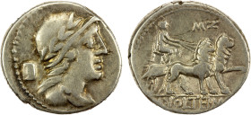 ROMAN REPUBLIC: M. Volteius M.F. AR denarius (3.74g), Rome, 78 BC, Crawford-385/4, laureate, helmeted, and draped bust of Attis right, control mark be...