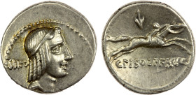 ROMAN REPUBLIC: C. Calpurnius Piso Frugi, AR denarius (3.79g), Rome, 67 BC, Crawford-408/1b, head of Apollo right, hair tied with band, III: behind //...