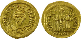 BYZANTINE EMPIRE: Phocas, 602-610 AD, AV solidus (4.31g), Constantinople, SB-620, 10th officina, crowned, draped and cuirassed bust facing, holding gl...