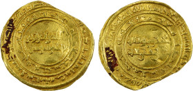 FATIMID: al-Zahir, 1021-1036, AV dinar (3.93g), Dimashq, AH413, A-714.1, Nicol-1399a (only 1 example cited), 1 area clipped, slightly uneven surfaces,...