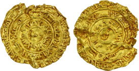 FATIMID: al-Zahir, 1021-1036, AV dinar (2.00g), Filastin, AH424, A-714.2, Nicol-1505, with letter "F" in the center on both sides; clipped and damaged...