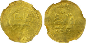 SAMANID: Nasr II, 914-943, AV dinar (3.35g) (Qumm), AH329, A-1449, citing the caliph al-Radi; very weak strike, almost certainly issue of Qumm, date w...