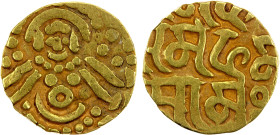 GHORID: Mu'izz al-Din Muhammad, 1171-1206, AV stater (4.16g), A-1764.2, Lakshmi obverse, naming Mu'izz al-Din alone in Nagari legend on reverse, sri m...