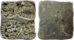 VIDARBHA: Punchmarked, 4th century BC, AR ½ karshapana (1.71g), Pieper-133, elephant, annulet surrounded by taurines, and double-triskeles symbol (twi...