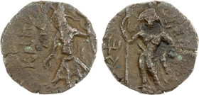 KUSHAN: Kanishka I, 127-151, AE drachm (3.98g), G-813-var, king standing, offering at altar // frontally facing ithyphallic Shiva, holding trident in ...