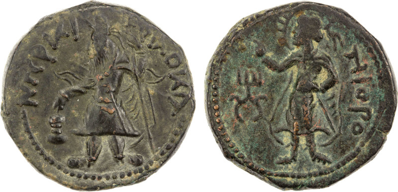 KUSHAN: Kanishka I, 127-151, AE tetradrachm (17.34g), ANS-425, king standing, of...