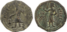 KUSHAN: Kanishka I, 127-151, AE tetradrachm (17.34g), ANS-425, king standing, offering at altar, short legend ÞAOKA NEÞKI // the sun deity Miiro, spel...