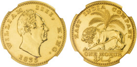 BRITISH INDIA: William IV, 1830-1837, AV mohur, 1835(b), KM-451.1, S&W-1.16, Prid-17, Bombay Mint proof restrike, no dot after date, no initials on tr...