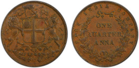 BRITISH INDIA: Victoria, Queen, 1837-1876, AE ¼ anna, 1857(h), KM-463.1, S&W-3.74, Prid-151, East India Company issue, type A/1, wreath tips with sing...