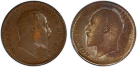 BRITISH INDIA: Edward VII, 1901-1910, AE ¼ anna, ND (1906-10), KM-502, full brockage obverse error, PCGS graded AU55. Known as a "lakhi" error in Indi...