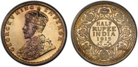 BRITISH INDIA: George V, 1910-1936, AR ½ rupee, 1915(c), KM-522, S&W-8.76, Bombay Mint proof restrike, a lovely example! PCGS graded Proof 63, ex Arvi...