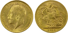 BRITISH INDIA: George V, 1910-1936, AV sovereign, 1918-I, KM-A525, S-3998, UNC. The fifth branch of the Royal Mint was established in a section of the...
