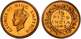 BRITISH INDIA: George VI, 1936-1947, AE ½ pice, 1942(c), KM-529, S&W-9.263, Bombay Mint proof restrike, a wonderful example! PCGS graded Proof 64 RD....