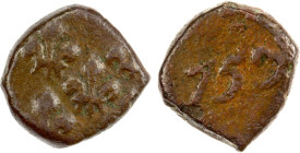 FRENCH INDIA: MAHÉ: AE ½ biche (3.11g), 1753, KM-64, Lec-45, 5 fleur-de-lis // date, decent strike, much rarer than the full biche, strong F-VF, RR, e...