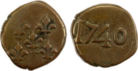 FRENCH INDIA: MAHÉ: AE biche (6.30g), 1740, KM-65, Lec-52, 5 fleur-de-lis // date; full date, circular border on the reverse, no border on obverse, VF...