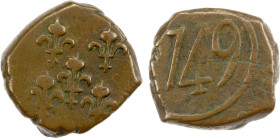 FRENCH INDIA: MAHÉ: AE biche (6.89g) (1)749, KM-65, Lec-52a, 5 fleur-de-lis // date; bold date, circular border on the reverse, no border on obverse, ...