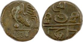 FRENCH INDIA: PONDICHÉRY: AE doudou (4.14g), 1836, KM-52, Lec-80/81, rooster // Tamil legend; wonderful quality! choice EF, ex Charles W. Lueders III ...